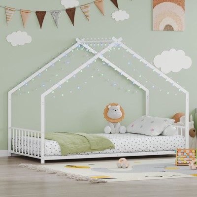 Sapphtopaz Metal House Bed Frame for Kids with Roof & LED Floor Platform Bed with Sturdy Frame for Kids Bedroom,Playroom,Nursery