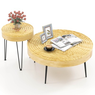 Costway Farmhouse Round CoffeeTable Set of 2 End Table Natural Finish for Living Room Brown/Natural
