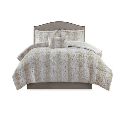 Gulches Zuri 4 Piece Brown Beige Faux Fur Comforter Queen Set with Decorative Pillow
