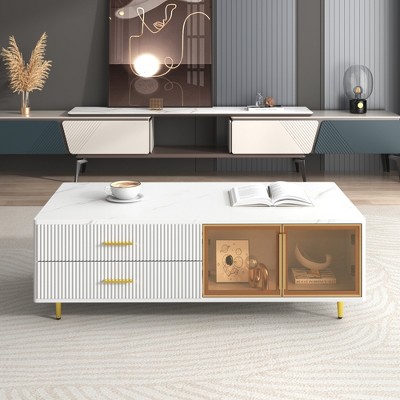 47.2" MDF Modern Rectangular Coffee Table with 2 Glass Door Storage, 4 Drawers, Gold Legs, and Multi-Color Lighting for Living Room