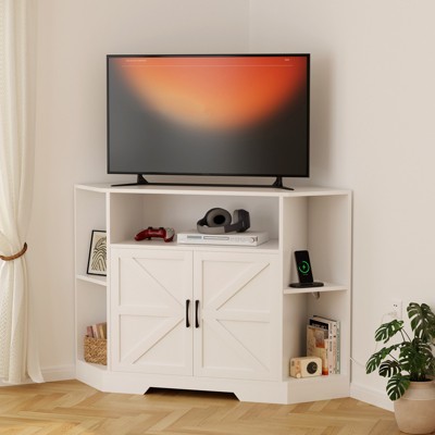 Corner Tv Stand for Tvs Up to 55 Inch with Power Outlet, Modern Farmhouse Entertainment Center, Wood