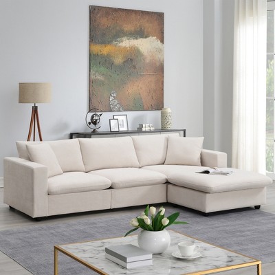 Modern Sectional Sofa with Movable Ottoman and Throw Pillows in Beige, L-Shaped Couch for Living Room or Apartment