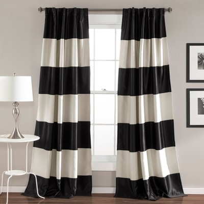 2pk 52"x84" Light Filtering Montego Striped Curtain Panels Off White/Black - Lush Décor