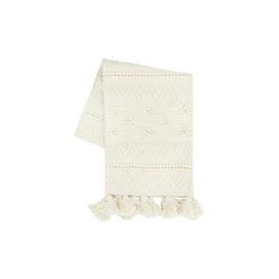 Storied Home 72" Woven Cotton Textured Table Runner with Pom Poms & Tassels