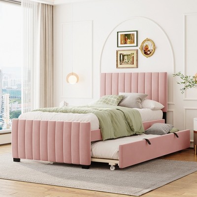 Twin Size Upholstered Platform Bed with Twin Size Trundle