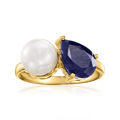 Ross-Simons 7.5-8mm Cultured Pearl and 2.80 Carat Sapphire Toi Et Moi Ring in 18kt Gold Over Sterling