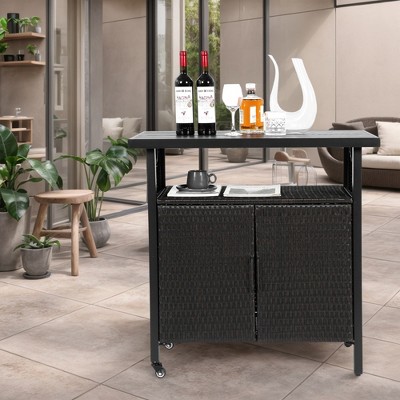 Gulches Outdoor Wicker Bar Cart - Rolling Rattan Beverage Serving Cart with Glass Top, Black