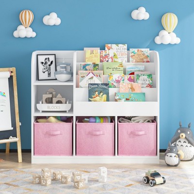 LOVSON Children's bookcase and bookshelf with 3 folding fabric drawers for multifunctional storage, suitable for bedrooms, playrooms,hallways, white