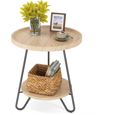 FONTOI Round End Table, 2-Tier Round Side Table, Coffee Table for Living Room, Bedroom, Apartment, Dorm, Brown, 20.08"*17.32"*20.08"