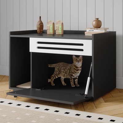 Cat Litter Box Enclosure, Wooden Cat Washroom Furniture with Barn Door, Hidden Litter Box Cabinet, Dog Proof Flip-down Opening Litter Box