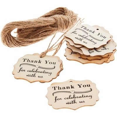 Blue Panda 100-Pack Wood Thank You Tags with Twine for Wedding and Baby Shower Party Favors, 1.8 x 2.3 inches