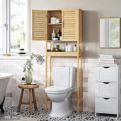 SONGMICS Over-The-Toilet Storage Bathroom Cabinet with Adjustable Inside Shelf and Bottom Stabilizer Bar