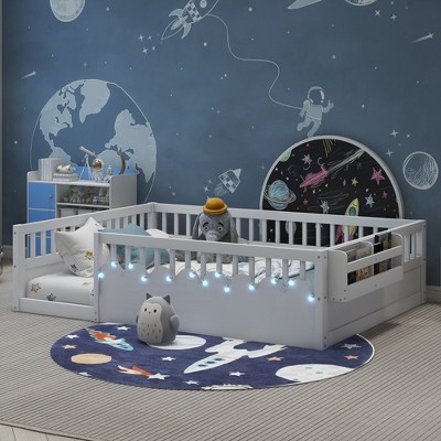 Gulches Full Montessori Wood Floor Bed Frame with High Rails, LED Light & Storage Shelf, White