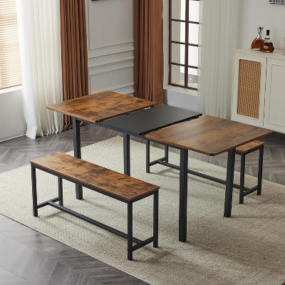 VINGLI Extandable Dining Table Set for 4-6, Foldable Expandable Table Set 2 Benches, Folding Kitchen Table for 6