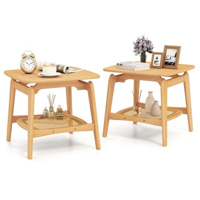 Costway 1/2 PCS Bamboo Sofa Side Table with Faux Rattan Storage Shelf Boho End Table Living Room