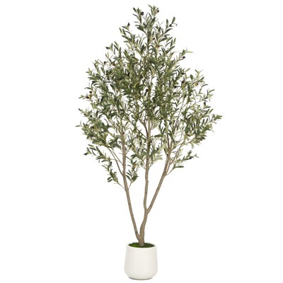 5FT 6FT 7FT Artificial Olive Tree Faux Olive Plant Realistic Leaves Silk Tree with White Pot for Home Office Decor, Interior Outdoor Decoration