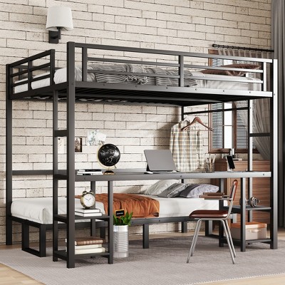 TIRAMISUBEST Queen Over Twin XL Metal Bunk Bed/Loft Bed with Desk and Shelves, Multiple Uses Folds into Sofa with LED Light and USB