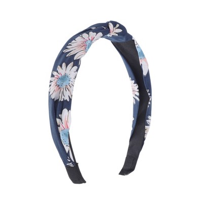 Unique Bargains Grace Chrysanthemum Pattern Wide Cross Knot Headbands Navy Blue 1 Pc