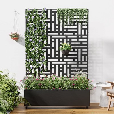 SpassWay Black Metal Planter Box with Trellis Raised Garden Bed with Arbor Privacy Screen with Wheels