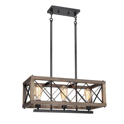 LNC Lucia Modern Farmhouse Rectangle  Kitchen Island Pendant  Lights, Matte Black and Brown Wood,3/4/5Light,24in/27.5in/32in