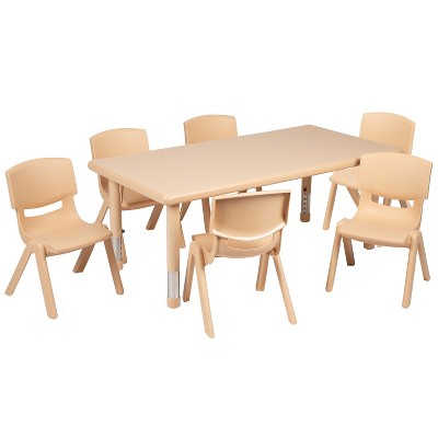 Emma and Oliver 24"W x 48"L Rectangular Plastic Height Adjustable Activity Table Set with 6 Chairs