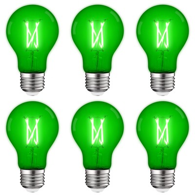 Luxrite A19 LED Green Edison Light Bulb, 4.5W=60W Equivalent, Clear Glass Filament, UL Listed, Indoor Outdoor, Porch, E26 Standard Base 6 Pack