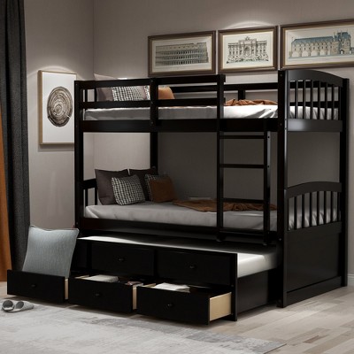Twin Over Twin Bunk Bed with Trundle and 3 Storage Drawers, Convertible Design, Solid Wood Frame, No Box Spring Needed