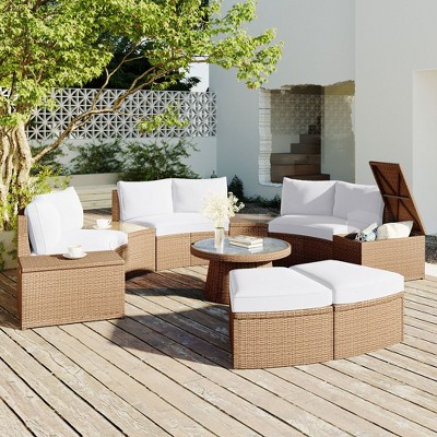 CAVINAS 10-Piece Patio Outdoor Seating Sets, Half Round Patio Rattan Sofa Set, PE Wicker Conversation Furniture Set for Free Combination, Light Gray