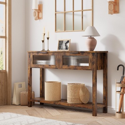 Wood Console Table for Entryway – 2-Tier Sofa Table with 2 Glass Drawers and Storage