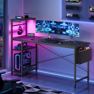 Bestier Reversible 63 inch Gaming Desk, LED Computer Desk with  Storage Bag & 4 Tier Shelves, Black