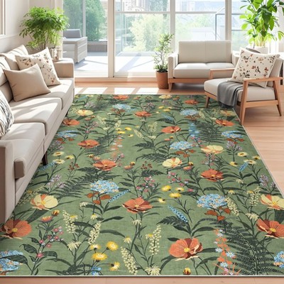 Floral Print Area Rugs Farmhouse Accent Rug with Non-Slip Backing, Washable Soft Low Pile Indoor Floor Mats for Bedroom, Living Room