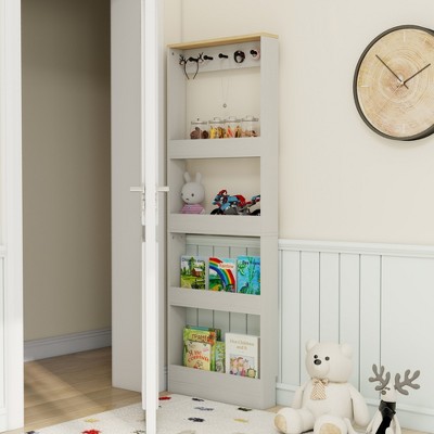 Racxily Behind The Door 69" Tall Bookcase with 4 Shelves and 5 hooks, Space-Saving Narrow storage cabinet for Living Room