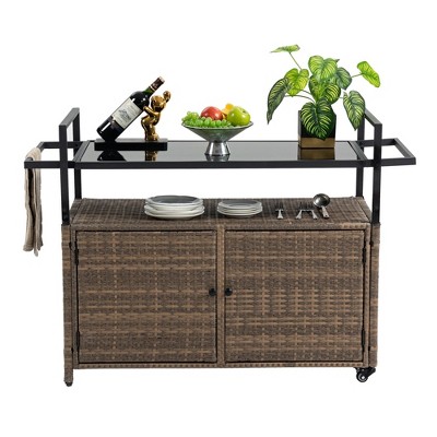 MOEPISY Outdoor Wicker Serving Carts, Patio Serving Cart with Wheels, Rolling Rattan Beverage Bar Counter Table