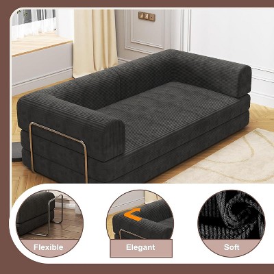 Convertible Corduroy Sleeper Sofa Bed,Folding Mattress Couch with Fixed-Shape Frame, 3 Seater Fold Out King Size Futon, Floor Couch for Living Room