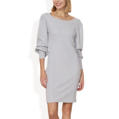 Anna-Kaci Women's Fitted Knit Mini Dress with Boat Neckline and Puff Long Sleeves