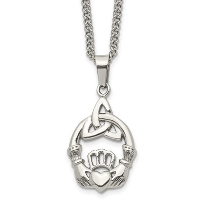 Chisel Stainless Steel Polished Trinity Knot and Claddagh Pendant on an 18" Curb Chain Necklace