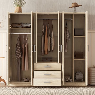 6-Doors Wooden Wardrobe Storage for Bedroom, with Big Drawers, Brown