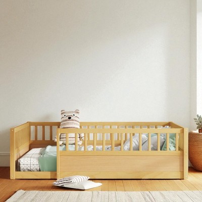 Mshliw Twin/Full Size Floor Bed with Safety Fence and Open Door, Wooden Montessori Style Platform Bed Frame for Toddlers and Kids Bedroom or Playroom
