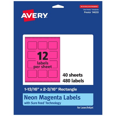 Avery Neon Magenta Paper Labels, 1-13/16" x 2-3/16" Rectangle