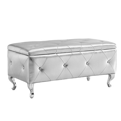 Dexmalle Silver Upholstered Storage Ottoman With Bench Crystal Buttons