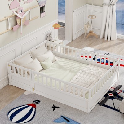 NicBex Toddler Floor Bed,Twin/Full Size Floor Bed Frame with High Security Barrier and Door,Montessori Floor Bed for Kids,Wood Slats Support