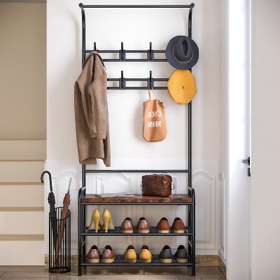 Hall Tree Shoe Bench, 4-in-1 Entryway Storage Bench with 8 Sturdy Hooks, Freestanding Coat Rack for Small Spaces, Apartments