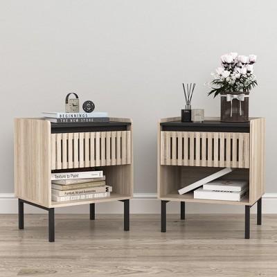 Resenkos Boho Nightstand Set of 2 with Hollowed-Out Drawers, Storage Night Stand and Wood Natural Brown