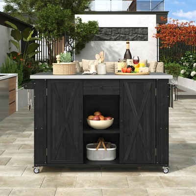 Outdoor Kitchen Islands, Patio Firewood Storage Cabinet with Foldable Stainless Steel Top, Spice Racks, Lockable Wheels -ModernLuxe