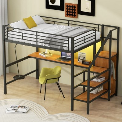 Okak Full Size Metal Bunk Bed with Desk & Storage Staircase & Safety Fence Loft Bed with Small Wardrobe & LED for Kids Teens Easy Assemble