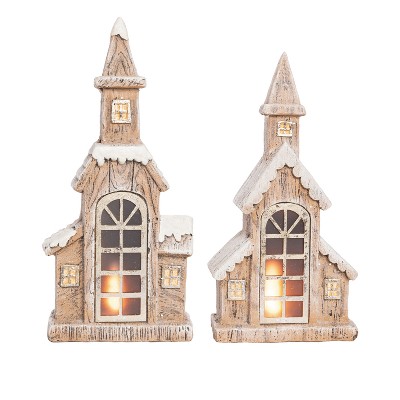 Transpac Light Up Snowy Steeple Set of 2 Christmas Home Decorations Resin Decorative Objects