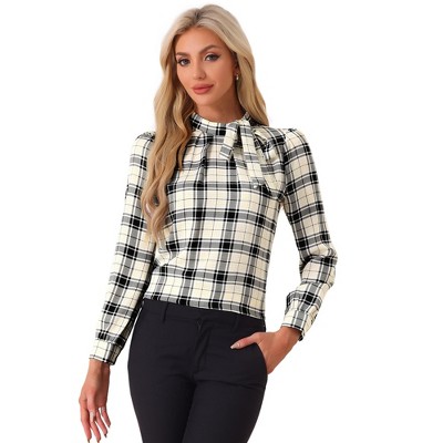 INSPIRE CHIC Women's Bow Tie Neck Keyhole Back Grid Checks Office Work Blouses