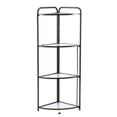 J&V TEXTILES Foldable 4 Tier Corner Shelf, Metal Corner Plant Stand with Black Frame and Transparent Shelves, Corner Display Rack