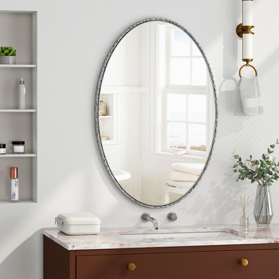 DOMETOUR Iron Art Oval Retro Mirror, Antique Effect, Wall Hanging, Suitable For Bathroom, Bedroom, Living Room (Silver)
