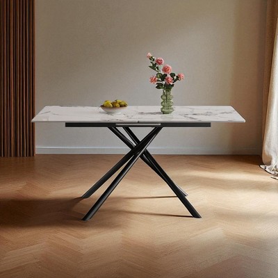 59" Modern Expandable Dining Table with Burnt Stone Top, Retractable Leaf, Carbon Steel X-Base, Seats 4-6 for Kitchen or Small Space